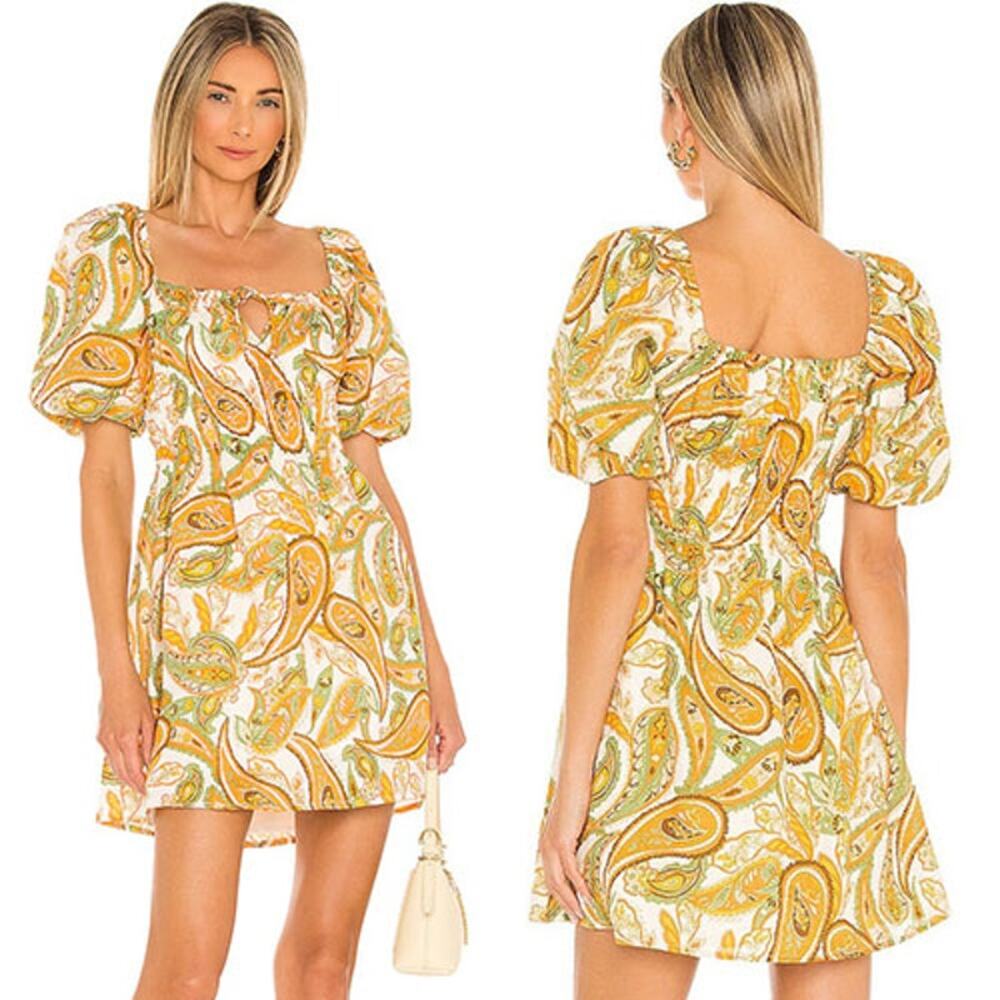 NWT Faithfull the Brand Nikoleta Scoop Neckline Puff Sleeve Mini Dress Yellow